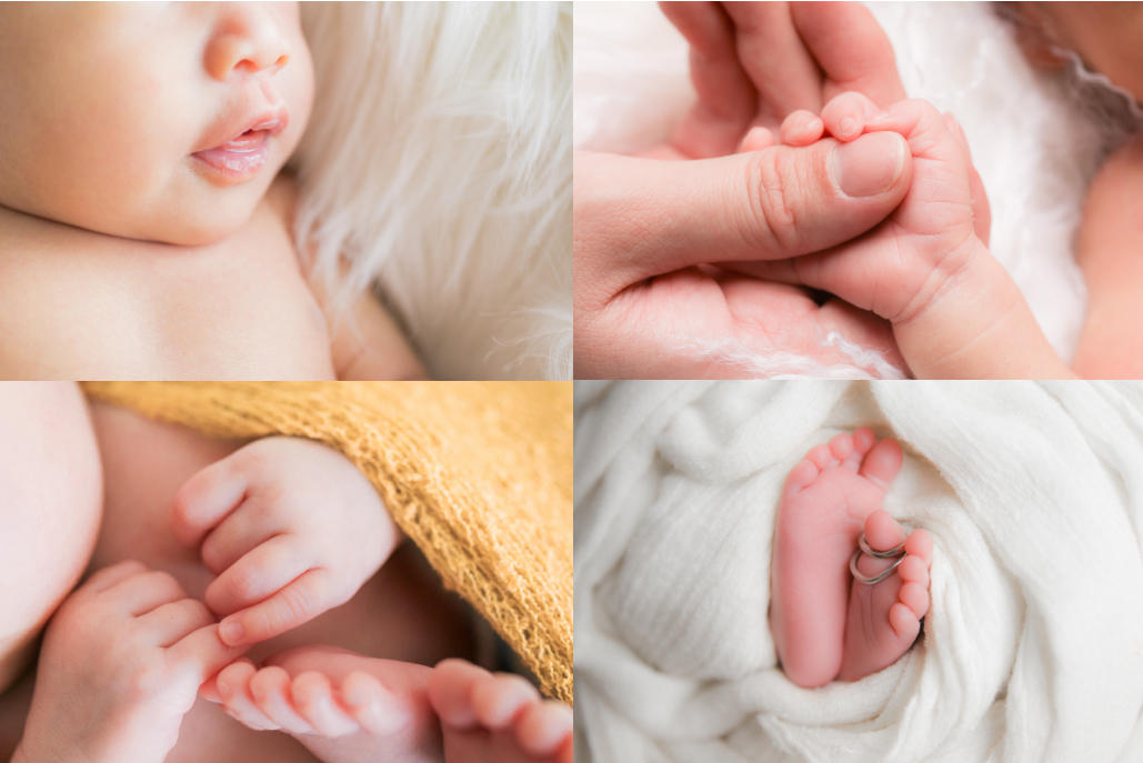 ニューボーンフォトのパーツカットの具体例
（微笑んだ新生児の口元、大人の親指を握る新生児の手、新生児の両手と足先、二つのベビーリングをはめた新生児の足元）